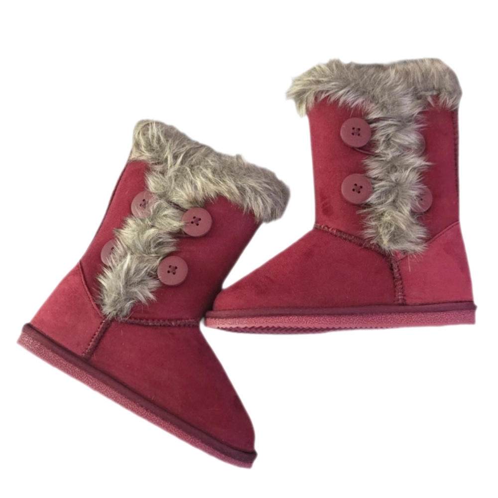 Blister Girls Red Faux Suede Fur Trim Winter Boots Side Button Cozy Size 1